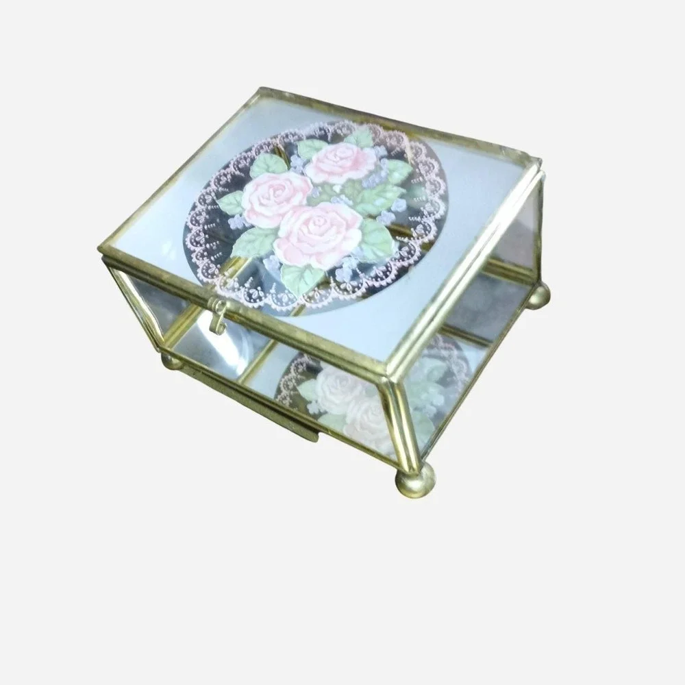 Rose etched glass jewelry box with brass accents